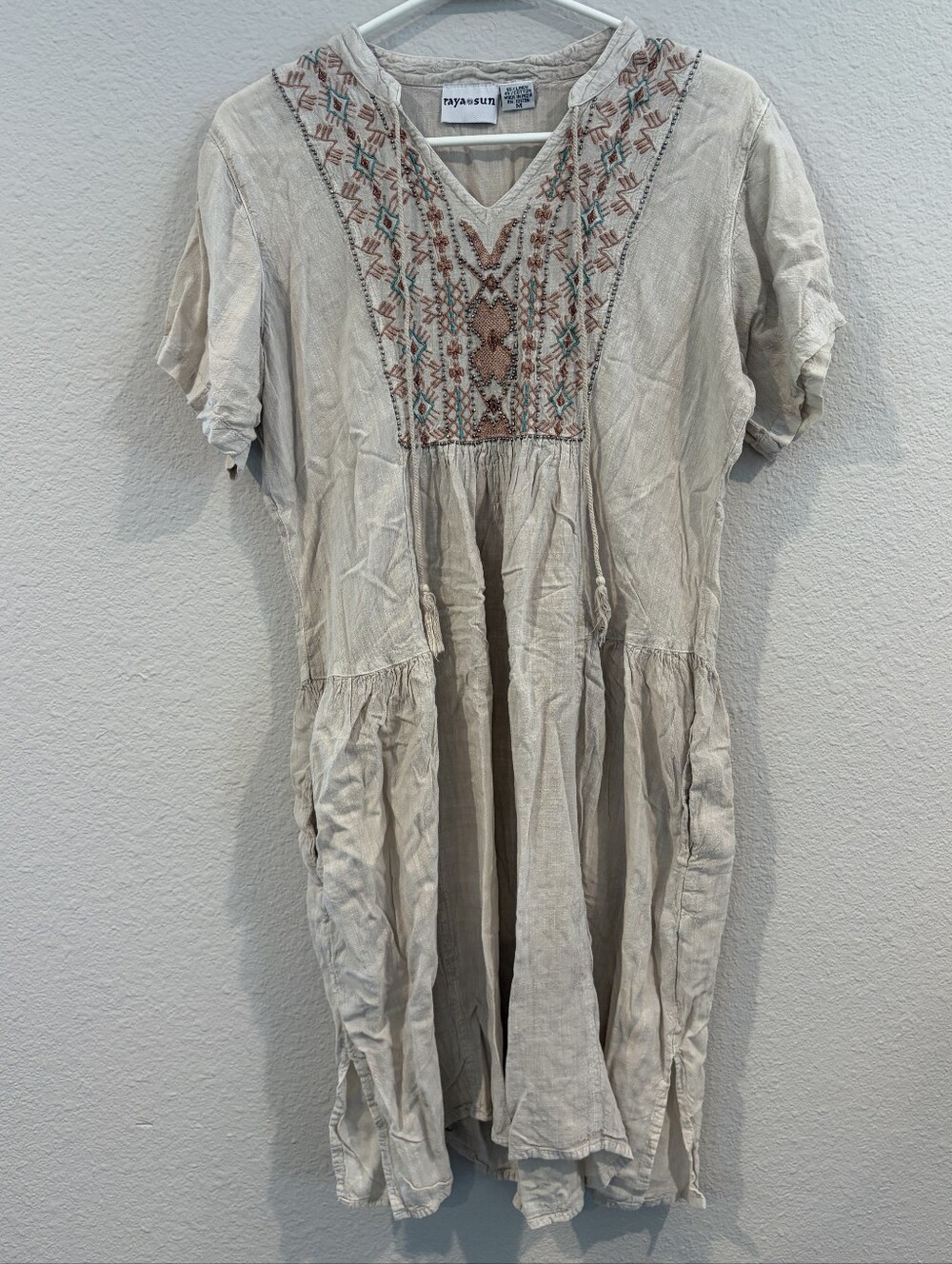 Raya Sun Womens Boho Beaded Embroidered Linen Cotton Mini Dress Size Medium‎